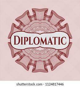Red rosette (money style emblem) with text Diplomatic inside