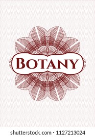 Red rosette (money style emblem) with text Botany inside