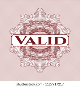 Red rosette (money style emblem) with text Valid inside