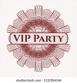 Red rosette or money style emblem with text VIP Party inside