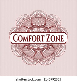 Red rosette (money style emblem) with text Comfort Zone inside