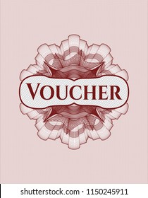 Red rosette (money style emblem) with text Voucher inside