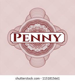 Red rosette or money style emblem with text Penny inside