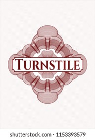 Red rosette or money style emblem with text Turnstile inside