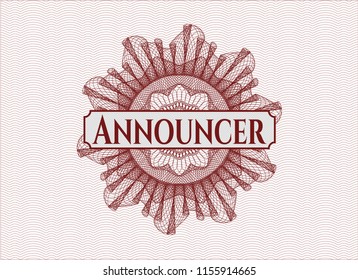 Red rosette or money style emblem with text Announcer inside