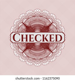 Red rosette (money style emblem) with text Checked inside