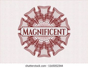 Red rosette or money style emblem with text Magnificent inside