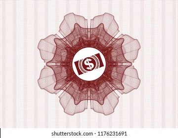 Red rosette or money style emblem with money, dollar bill icon inside