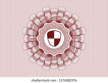 Red rosette (money style emblem) with shield, safety icon inside