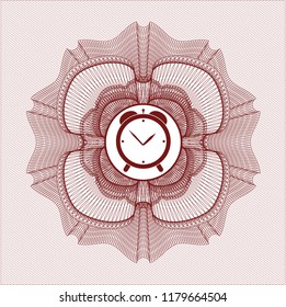 Red rosette (money style emblem) with alarm clock icon inside