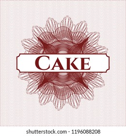 Red rosette (money style emblem) with text Cake inside