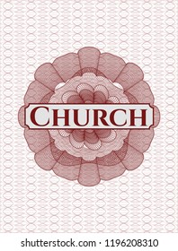 Red rosette (money style emblem) with text Church inside