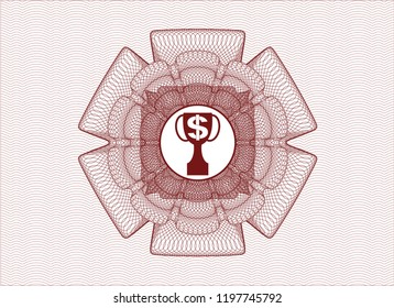 Red rosette or money style emblem with trophy with money symbol inside icon inside
