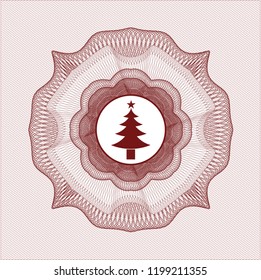 Red rosette or money style emblem with christmas tree icon inside