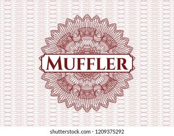 Red rosette or money style emblem with text Muffler inside