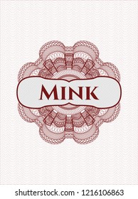 Red rosette (money style emblem) with text Mink inside