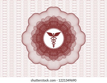 Red rosette or money style emblem with Caduceus medical icon inside