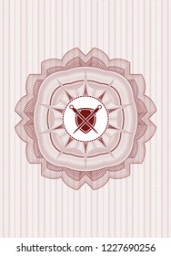 Red rosette (money style emblem) with swords crossed with shield icon inside