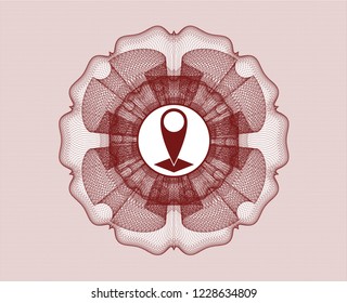 Red rosette or money style emblem with map pointer icon inside