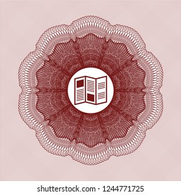 Red rosette (money style emblem) with brochure icon inside