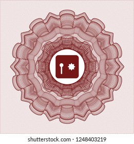 Red rosette (money style emblem) with safe, safety deposit box icon inside