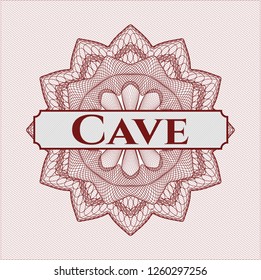 Red rosette or money style emblem with text Cave inside