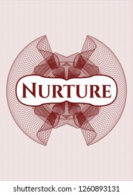 Red rosette (money style emblem) with text Nurture inside