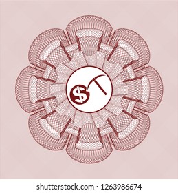 Red rosette or money style emblem with cryptocurrency mining icon inside