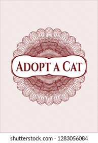 Red rosette or money style emblem with text Adopt a Cat inside