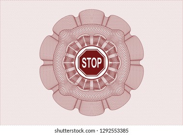 Red rosette (money style emblem) with stop icon inside