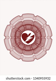 Red rosette (money style emblem) with broken heart icon inside