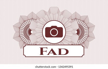 Red rosette (money style emblem) with photo camera icon and Fad text inside