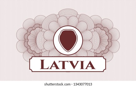 Red rosette or money style emblem with shield icon and Latvia text inside