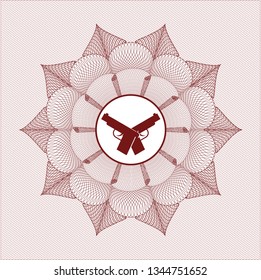 Red rosette (money style emblem) with crossed pistols icon inside