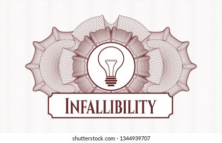 Red rosette or money style emblem with idea icon and Infallibility text inside