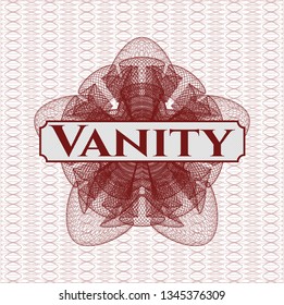 Red rosette or money style emblem with text Vanity inside