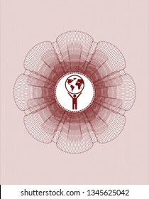 Red rosette (money style emblem) with man lifting world icon inside
