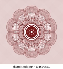 Red rosette or money style emblem with weightlifting or powerlifting plate (45 lbs) icon inside