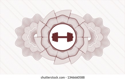 Red rosette (money style emblem) with big dumbbell icon inside