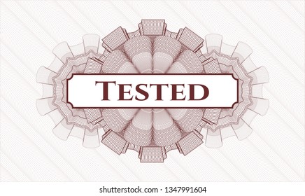 Red rosette (money style emblem) with text Tested inside