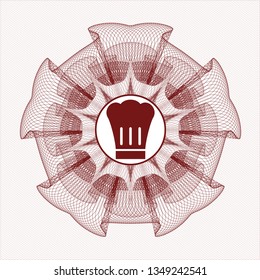 Red rosette (money style emblem) with chef hat icon inside