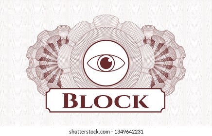 Red rosette (money style emblem) with eye icon and Block text inside