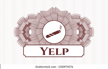 Red rosette (money style emblem) with joint, cigarette icon and Yelp text inside
