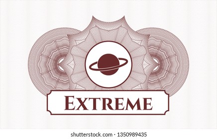 Red rosette or money style emblem with planet, saturn icon and Extreme text inside