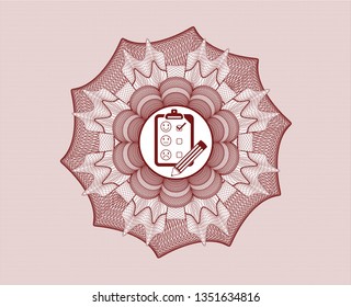 Red rosette (money style emblem) with customer feedback icon inside