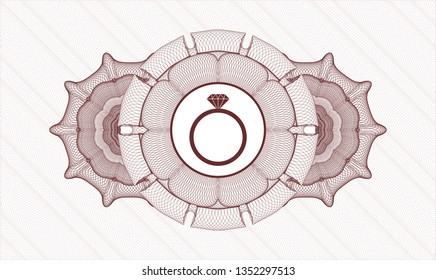 Red rosette or money style emblem with diamond ring icon inside