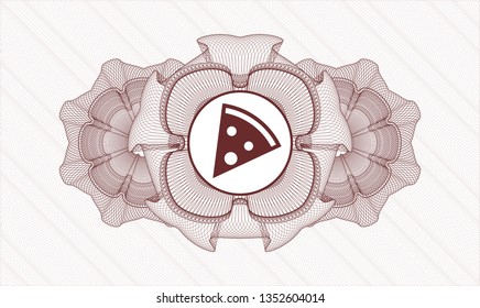 Red rosette or money style emblem with pizza slice icon inside