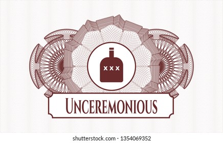Red rosette or money style emblem with bottle of alcohol icon and Unceremonious text inside
