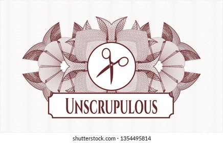 Red rosette (money style emblem) with scissors icon and Unscrupulous text inside