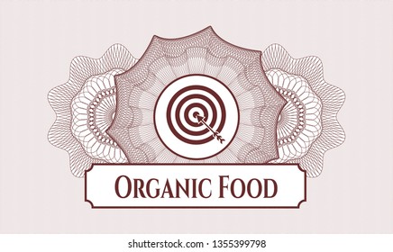 Red rosette (money style emblem) with target, business icon and Organic Food text inside